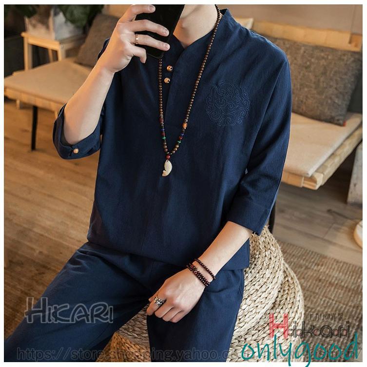 上下セット リネンTシャツ メンズ セットアップ 七分袖 綿麻 2点セット