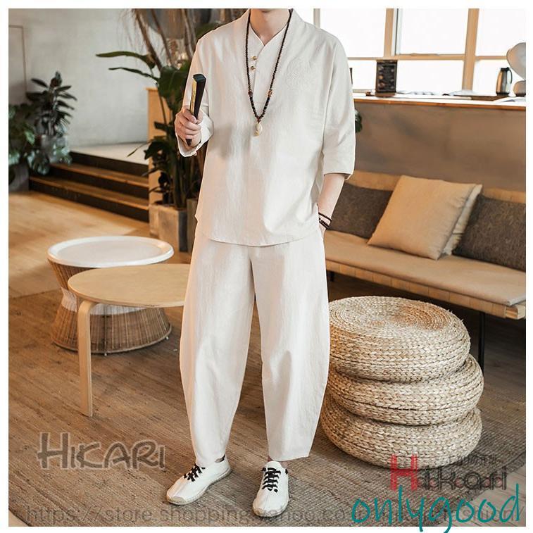 上下セット リネンTシャツ メンズ セットアップ 七分袖 綿麻 2点セット