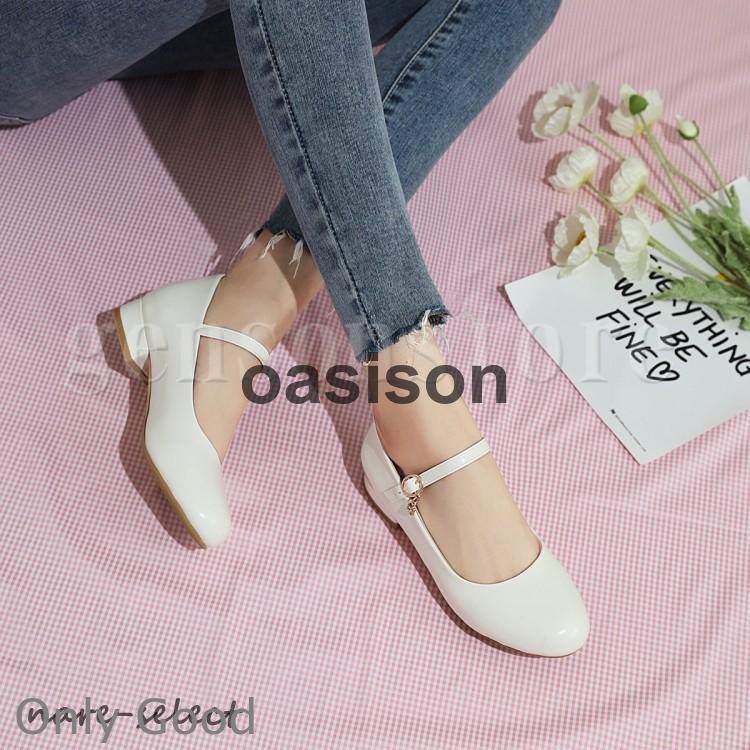 22.0〜24.5cm甲ストラップ パンプス ローヒール エナメル 2.5cm