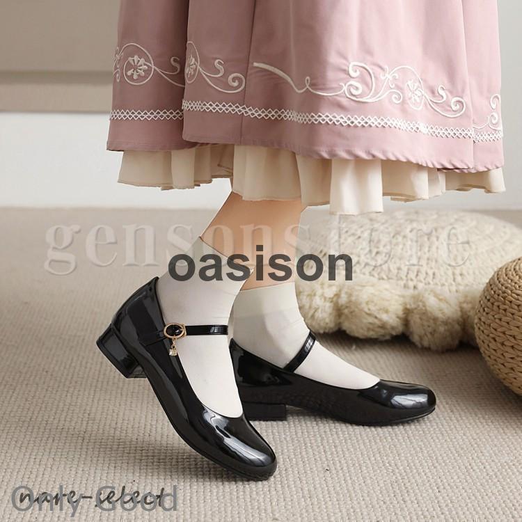 22.0〜24.5cm甲ストラップ パンプス ローヒール エナメル 2.5cm