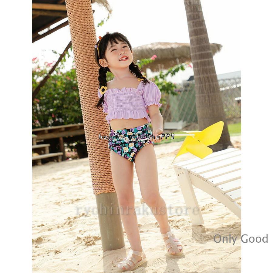 女の子 水着 セパレート フリル付き トップス＋パンツ+キャップ お花柄