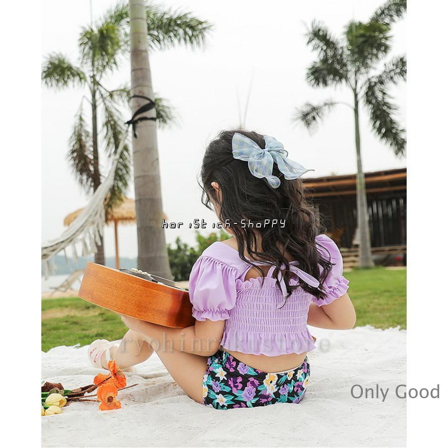 女の子 水着 セパレート フリル付き トップス＋パンツ+キャップ お花柄