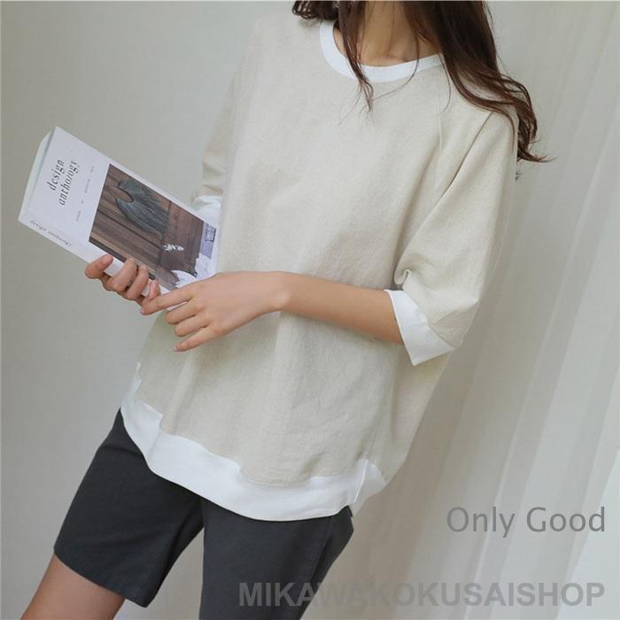 七分袖カットソー レディース 麻 ゆったり Tシャツ 7分袖 トップス