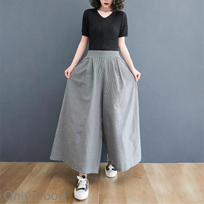 ガウチョパンツ ロング チェック 夏 ワイドパンツ 柄 ロングパンツ