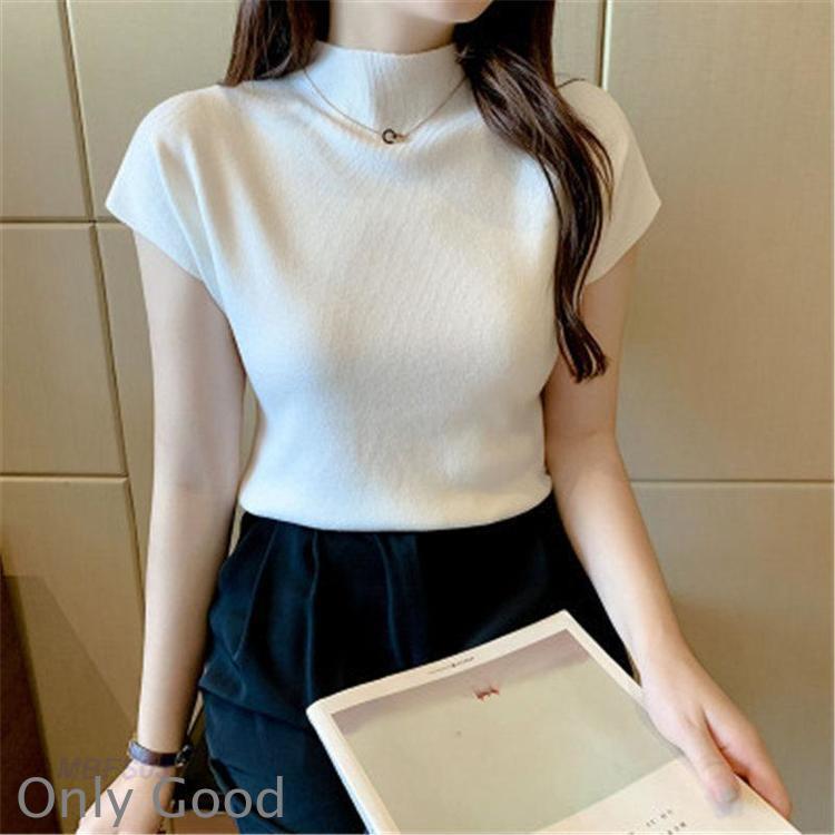 サマーニット レディース 半袖 春 夏 接触冷感 トップス セーター ハイネック 涼しい 冷房対策 オフィス 薄手 プルオーバー 伸縮性 体型カバー | ブランド登録なし | 01