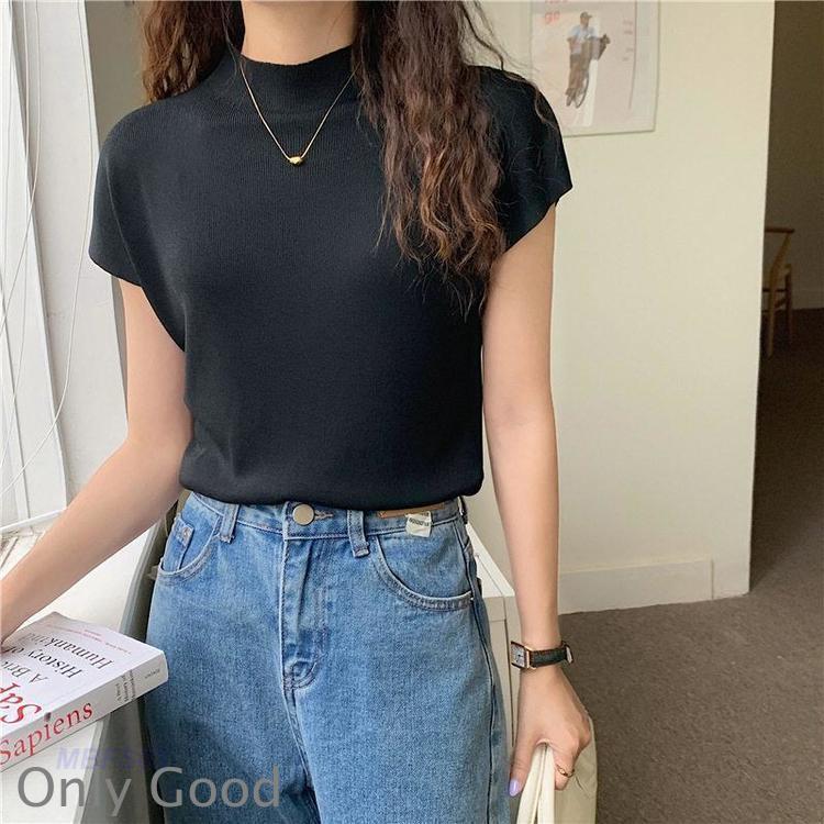 サマーニット レディース 半袖 春 夏 接触冷感 トップス セーター ハイネック 涼しい 冷房対策 オフィス 薄手 プルオーバー 伸縮性 体型カバー | ブランド登録なし | 03