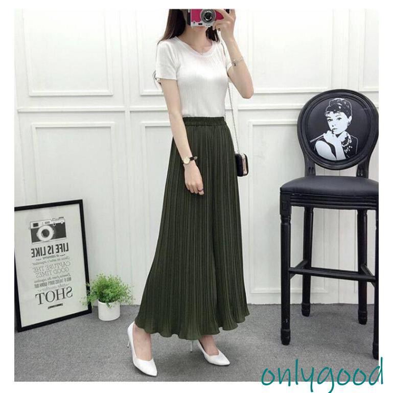 ガウチョパンツ レディース プリーツパンツ ウエストゴム 美脚 きれい