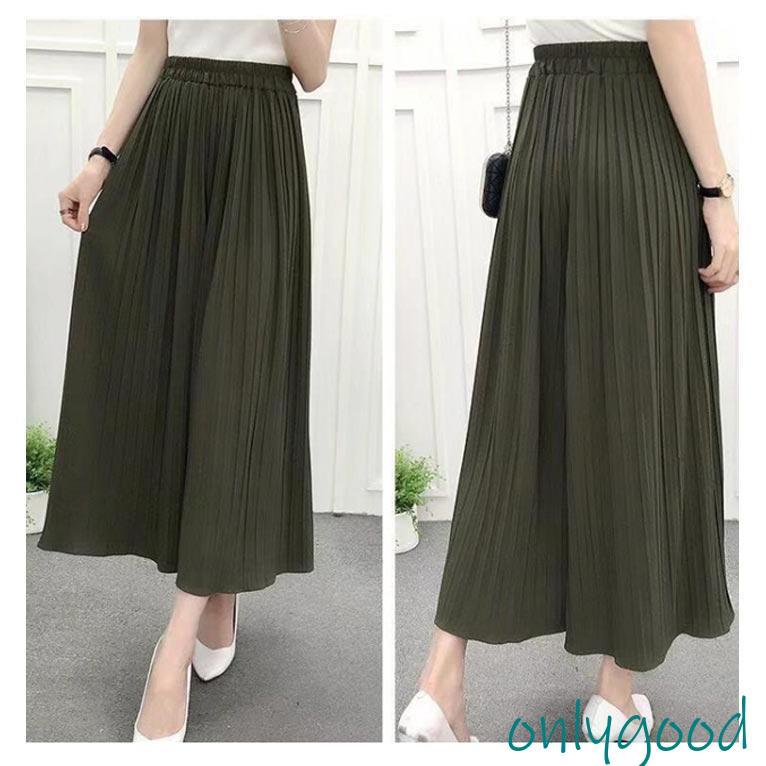 ガウチョパンツ レディース プリーツパンツ ウエストゴム 美脚 きれい