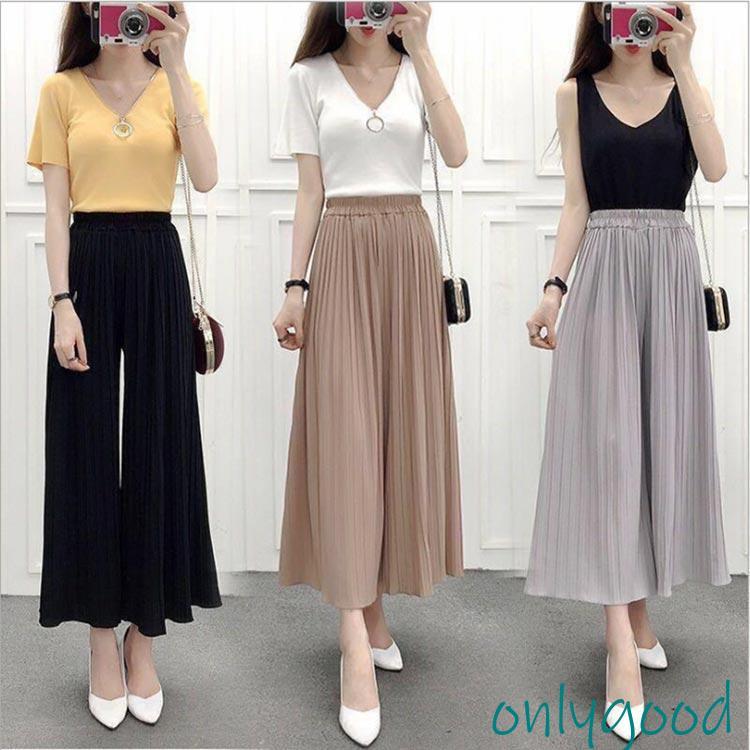 ガウチョパンツ レディース プリーツパンツ ウエストゴム 美脚 きれい