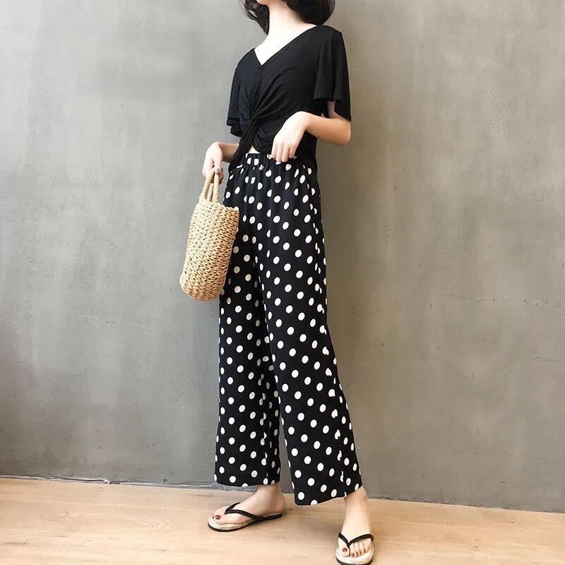 ガウチョパンツシフォン水玉ドット柄ハイウエストウエストゴムリボン