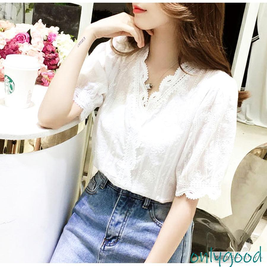 ブラウス レース 半袖 春 刺繍 白 ホワイト Vネック トップス シャツ
