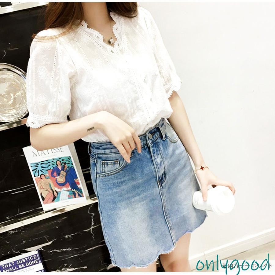 ブラウス レース 半袖 春 刺繍 白 ホワイト Vネック トップス シャツ