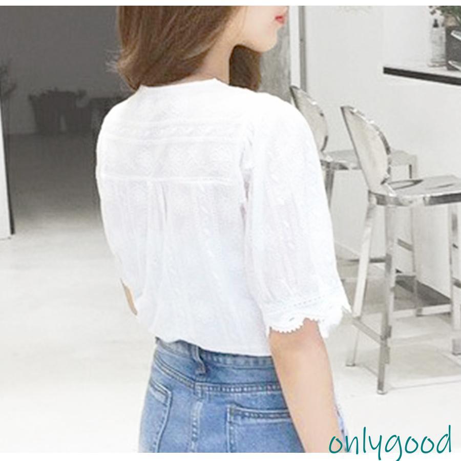 ブラウス レース 半袖 春 刺繍 白 ホワイト Vネック トップス シャツ