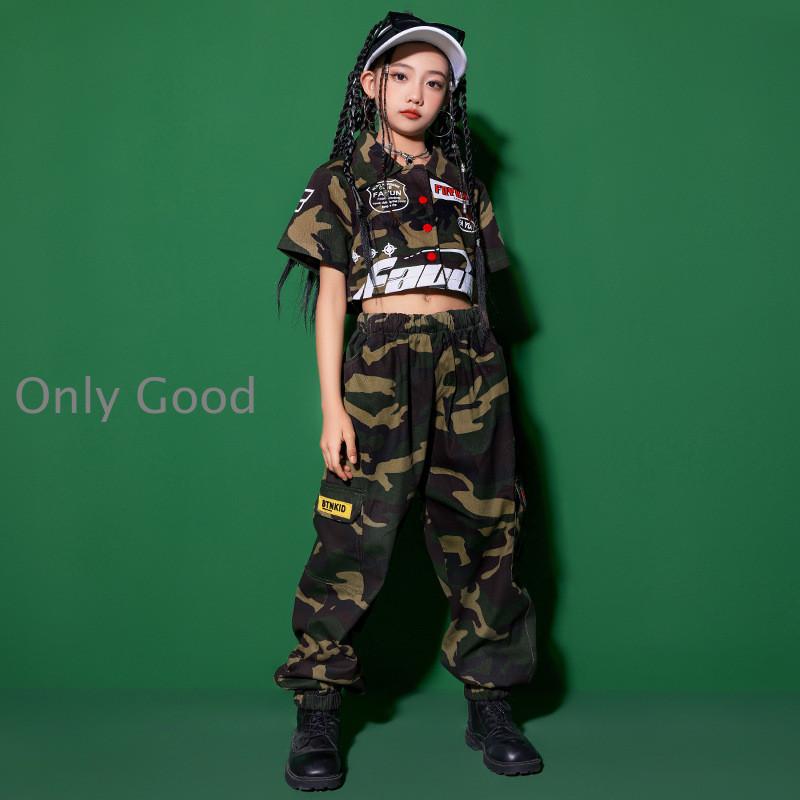 バートン　キッズ　迷彩フード付きウェアと緑色パンツセット キッズ ダンス衣装 ヒップホップ 子供 ダンストップス 迷彩トップス T