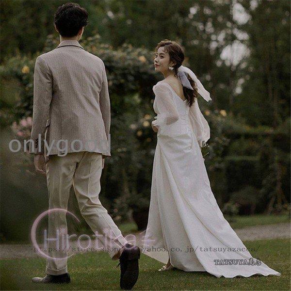 ウェディングドレス 二次会 花嫁 結婚式 Aライン 長袖 シンプル ウエディングドレス 安い 白 ブライダル 披露宴 発表会 前撮り お呼ばれ ドレスの画像