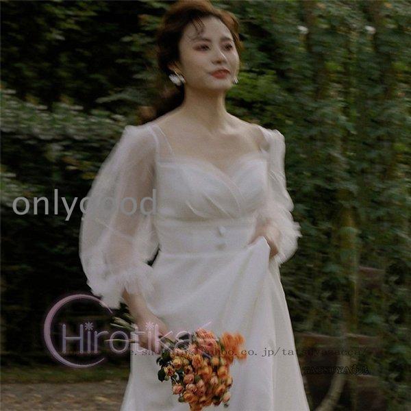 ウェディングドレス 二次会 花嫁 結婚式 Aライン 長袖 シンプル ウエディングドレス 安い 白 ブライダル 披露宴 発表会 前撮り お呼ばれ ドレスの画像