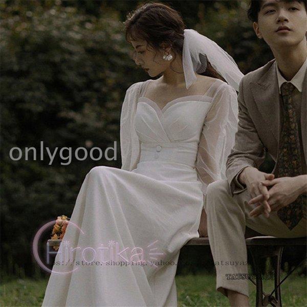 ウェディングドレス 二次会 花嫁 結婚式 Aライン 長袖 シンプル ウエディングドレス 安い 白 ブライダル 披露宴 発表会 前撮り お呼ばれ ドレスの画像