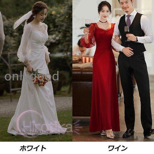 ウェディングドレス 二次会 花嫁 結婚式 Aライン 長袖 シンプル ウエディングドレス 安い 白 ブライダル 披露宴 発表会 前撮り お呼ばれ ドレスの画像