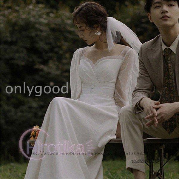 ウェディングドレス 二次会 花嫁 結婚式 Aライン 長袖 シンプル ウエディングドレス 安い 白 ブライダル 披露宴 発表会 前撮り お呼ばれ ドレスの画像