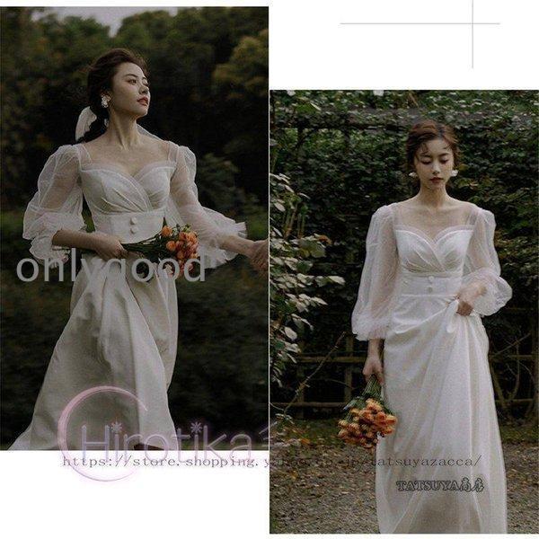 ウェディングドレス 二次会 花嫁 結婚式 Aライン 長袖 シンプル ウエディングドレス 安い 白 ブライダル 披露宴 発表会 前撮り お呼ばれ ドレスの画像