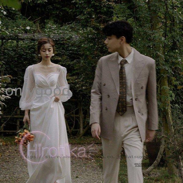 ウェディングドレス 二次会 花嫁 結婚式 Aライン 長袖 シンプル ウエディングドレス 安い 白 ブライダル 披露宴 発表会 前撮り お呼ばれ ドレスの画像