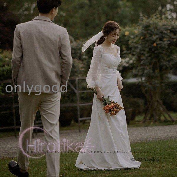 ウェディングドレス 二次会 花嫁 結婚式 Aライン 長袖 シンプル ウエディングドレス 安い 白 ブライダル 披露宴 発表会 前撮り お呼ばれ ドレスの画像