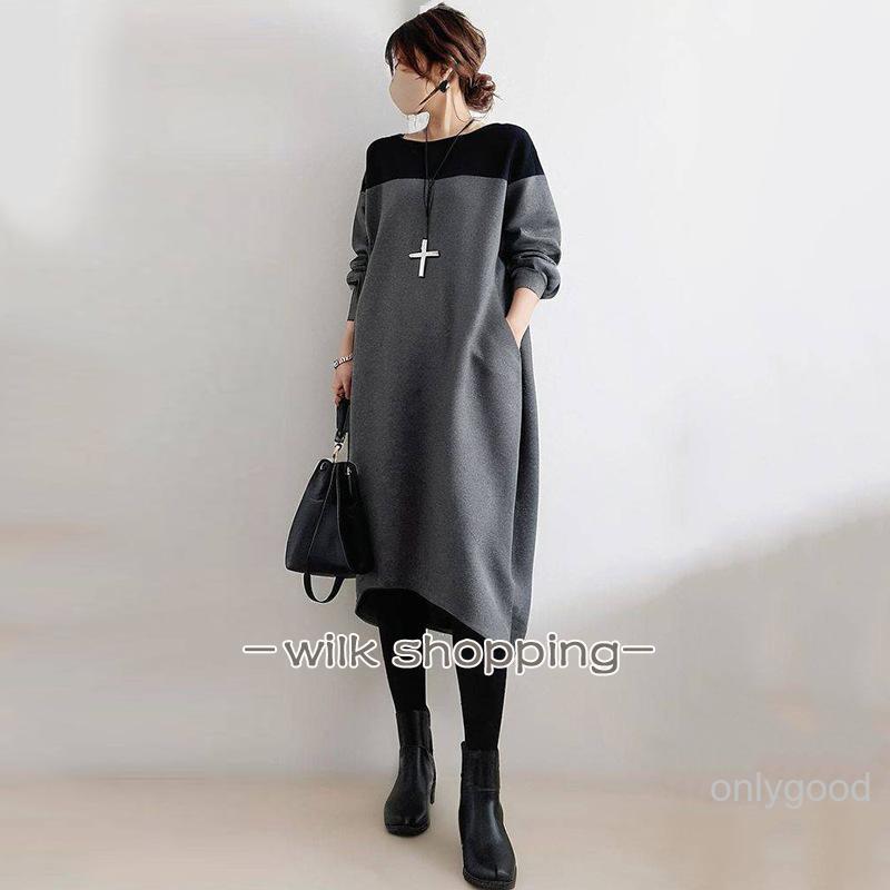 【新品】MOYURU 萌 半袖 ロングワンピース M ゆったり コクーン コクーンワンピース 春秋 長袖ワンピース50代 バイカラーワンピース