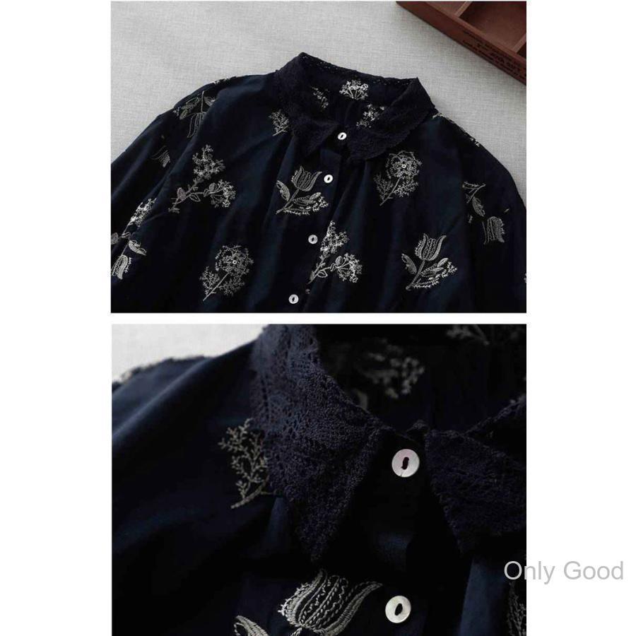 美品　lelian レース　シャツブラウス　青　刺繍　11号　花柄 刺繍ブラウス レディース 花柄 夏 シャツ レース シャツブラウス 五分