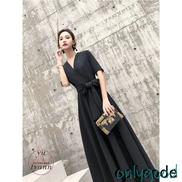 パーティードレス マキシ丈ワンピース 結婚式 五分袖 ロング丈 黒 袖