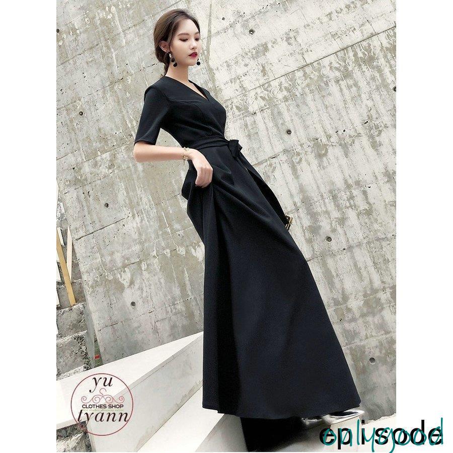 パーティードレス マキシ丈ワンピース 結婚式 五分袖 ロング丈 黒 袖