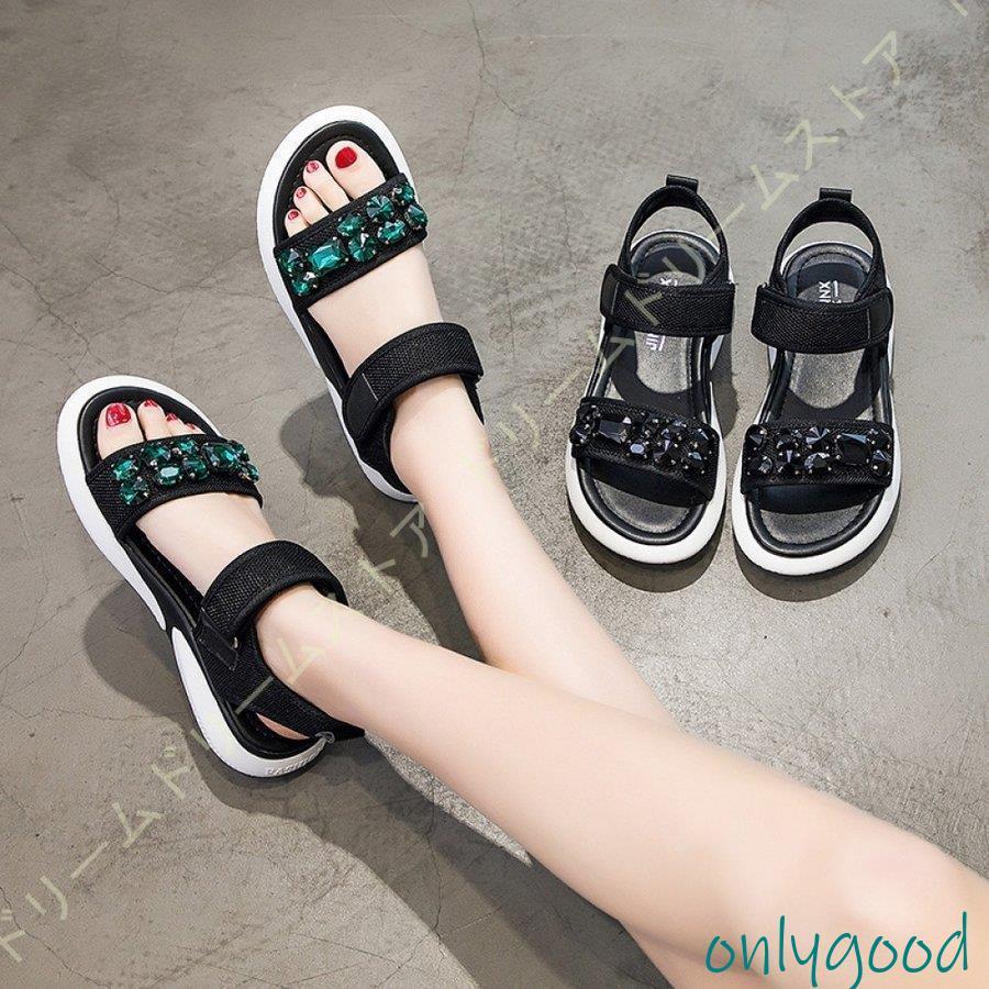 ビジュー 厚底 サンダル レディース おしゃれ 靴 軽量 ストラップ  