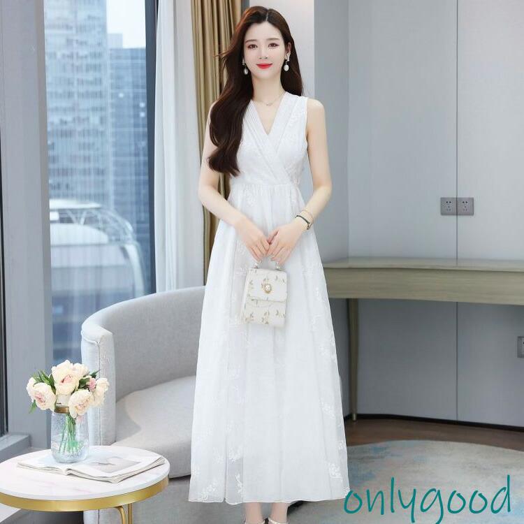 Vネック ロング ワンピース Aラインワンピース 白 ノースリーブ ハイ