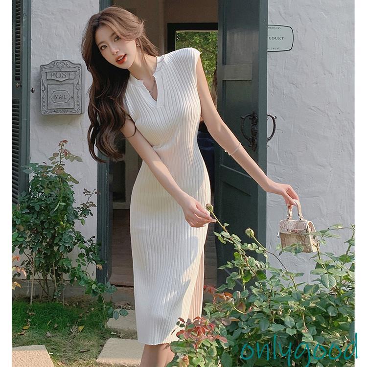 ワンピース タイト ワイドリブ 全3色 キーネック ノースリーブ