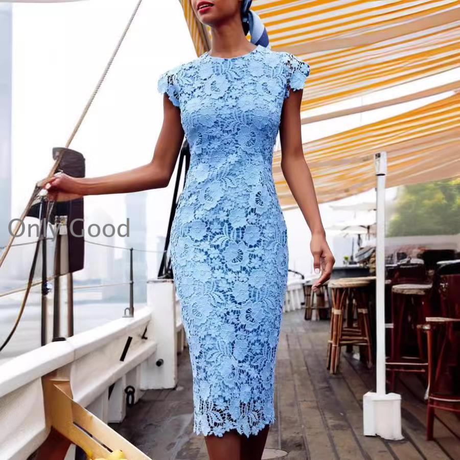 パーティードレス ノースリーブ 刺繍レースワンピース タイトライン丸