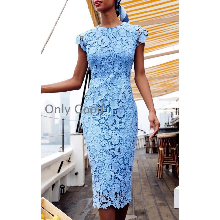 パーティードレス ノースリーブ 刺繍レースワンピース タイトライン丸