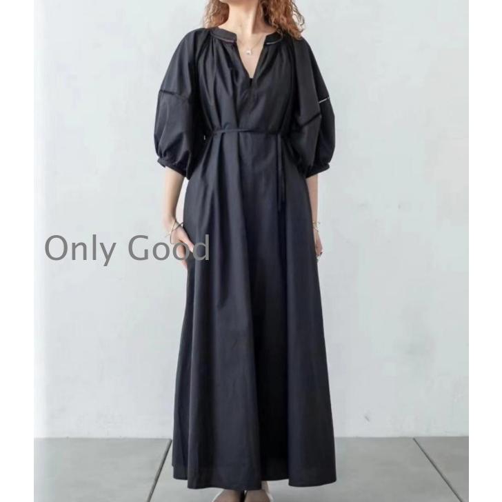 春 ワンピース 夏ワンピース 5分袖 パフスリーブワンピース Aラインワンピース 無地 7分袖 楽チン Vネック 黒ワンピース ロングワンピ コットン 30代40代の画像