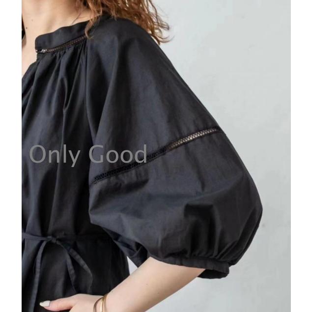 春 ワンピース 夏ワンピース 5分袖 パフスリーブワンピース Aラインワンピース 無地 7分袖 楽チン Vネック 黒ワンピース ロングワンピ コットン 30代40代の画像