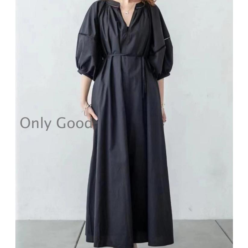 春 ワンピース 夏ワンピース 5分袖 パフスリーブワンピース Aラインワンピース 無地 7分袖 楽チン Vネック 黒ワンピース ロングワンピ コットン 30代40代の画像
