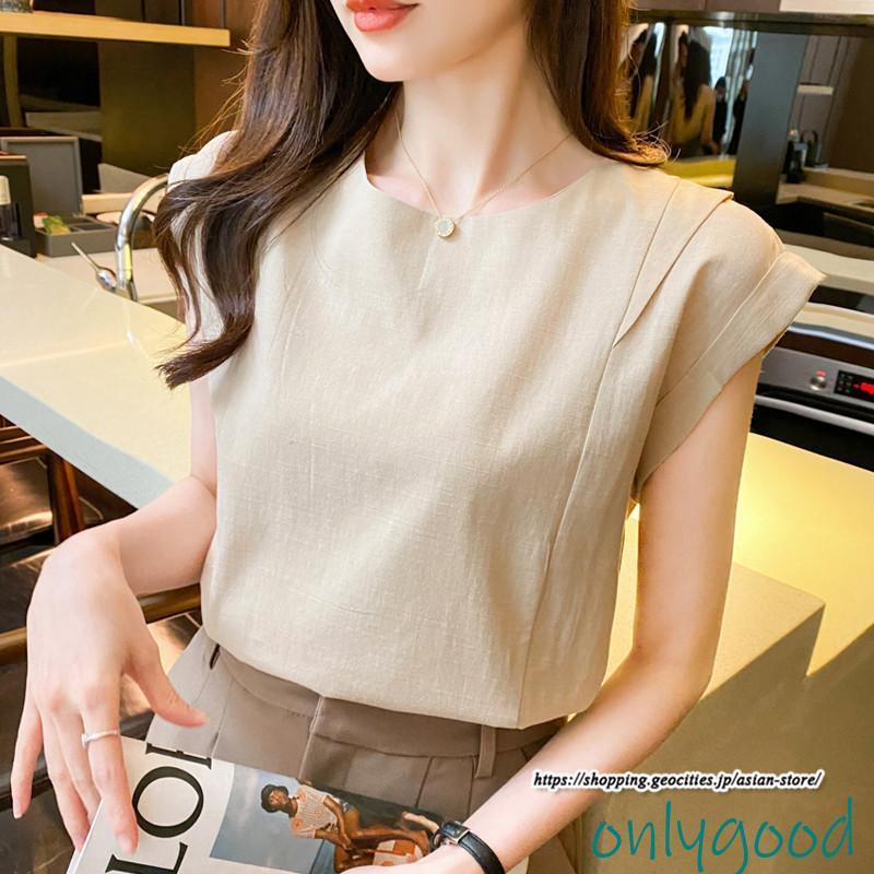 綿麻風シャツ ノースリーブ ブラウス 袖なし レディース トップス