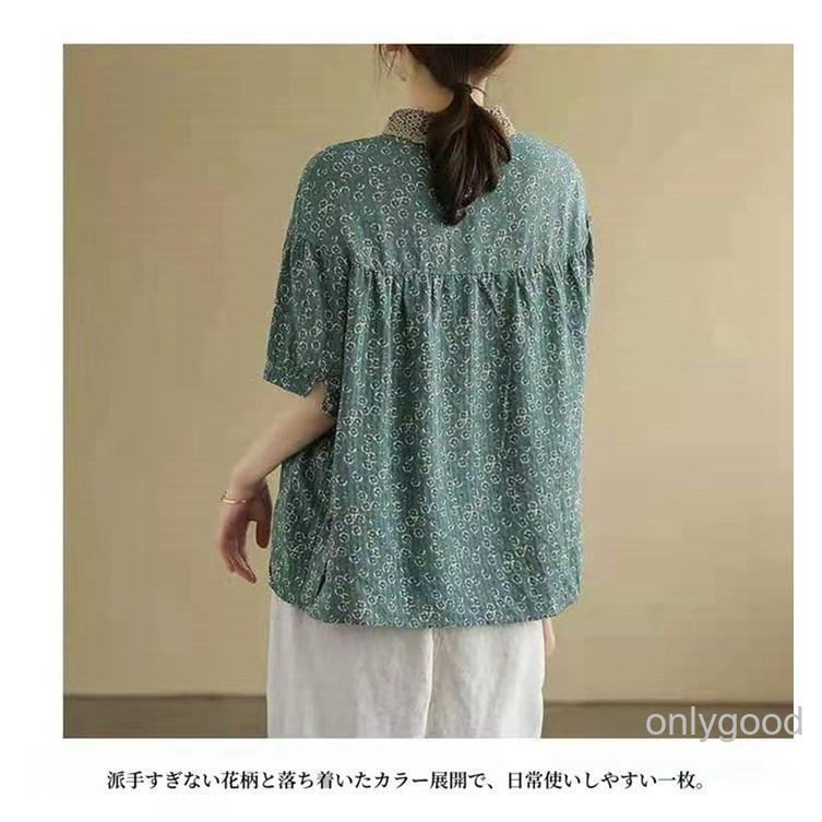 ブラウス レディース 半袖 夏 花柄ブラウス 綿麻 襟付き レース襟