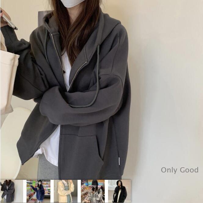 グレー パーカーフード付き カジュアル フルジップ ポケット ゆったり