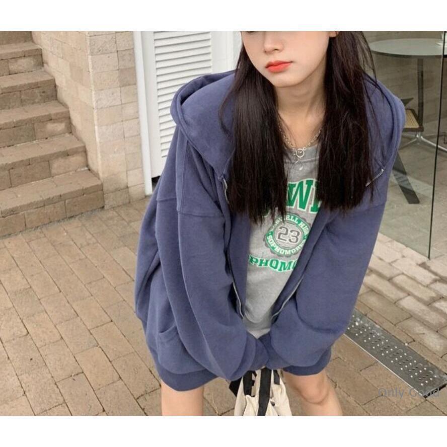 グレー パーカーフード付き カジュアル フルジップ ポケット ゆったり