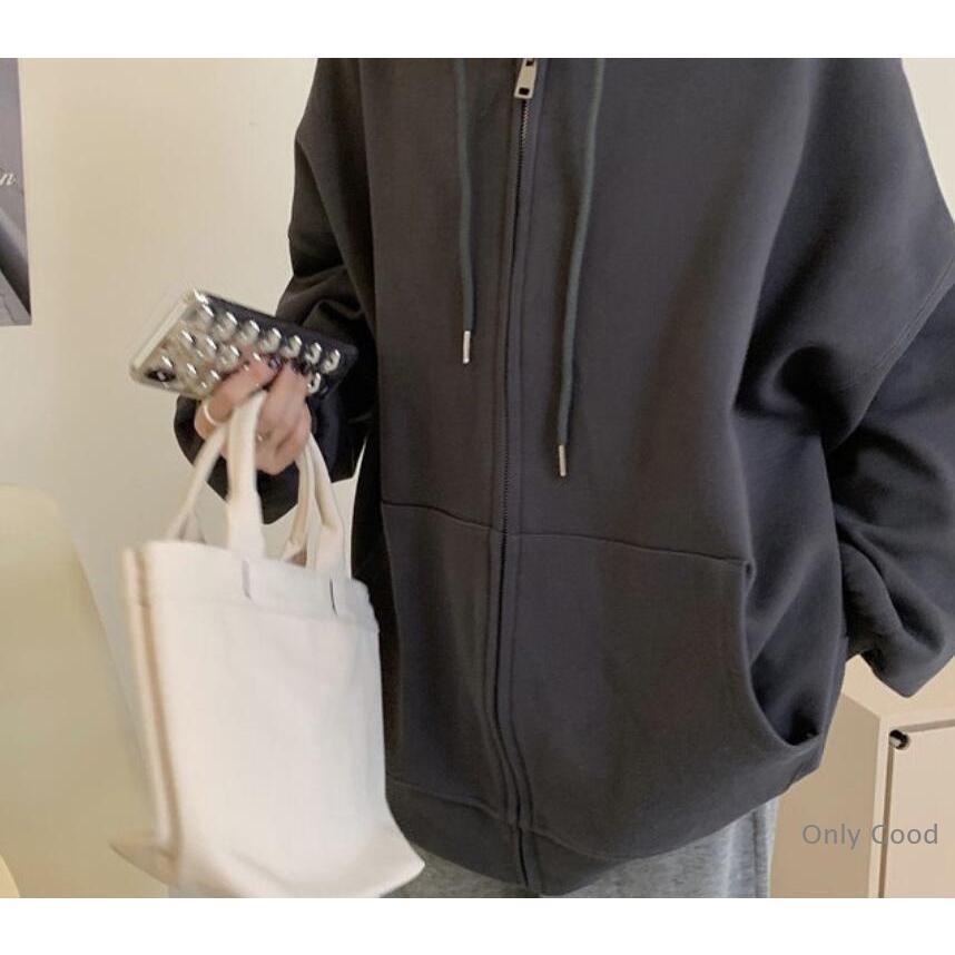 グレー パーカーフード付き カジュアル フルジップ ポケット ゆったり