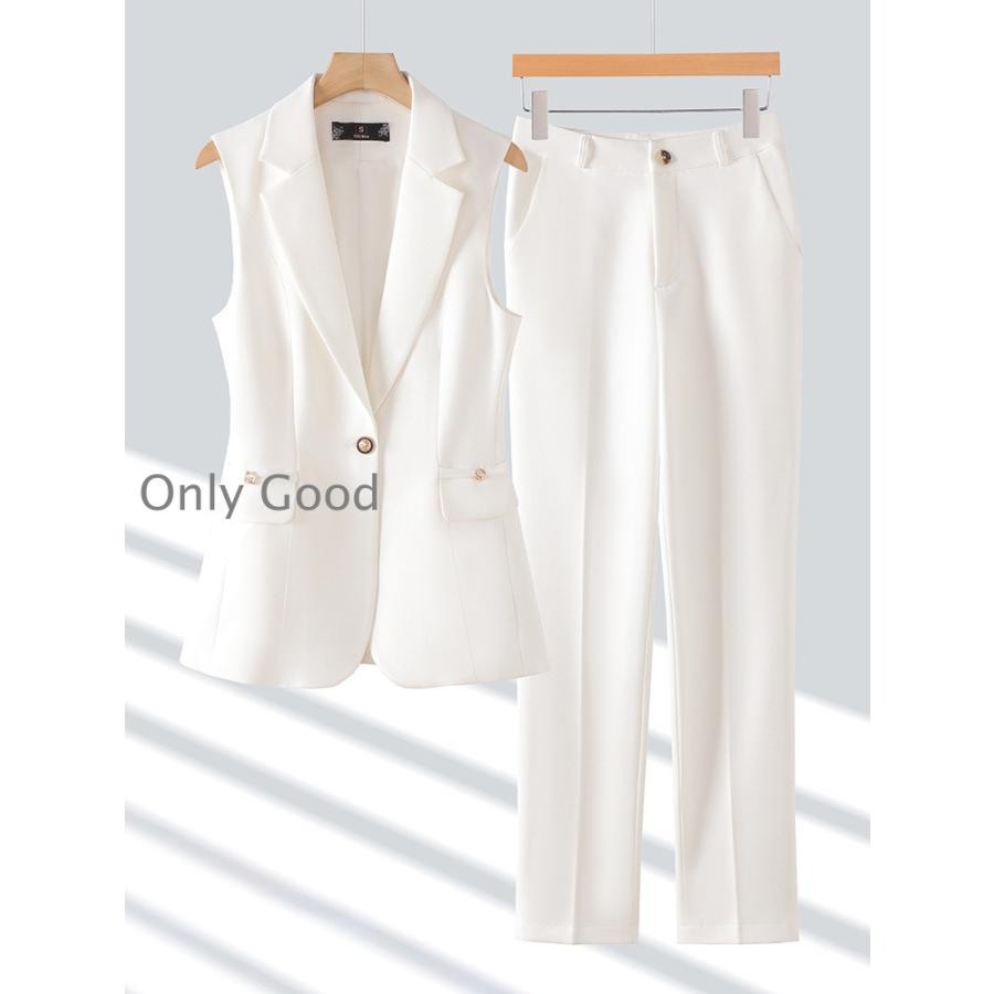 Theory ジャケットベストパンツ3セット ホワイト ベストパンツ セットアップ レディースロングベスト羽織無地