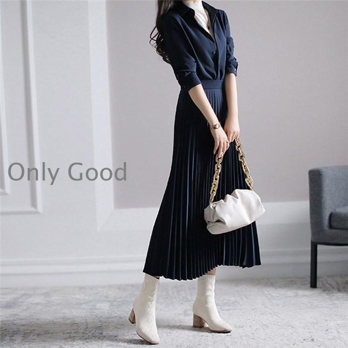 ワンピース プリーツ レディース プリーツワンピース 長袖 膝丈 Aライン シャツワンピース ロングワンピース 上品 春 秋 冬 ワンピース プリーツ レディース プリーツワンピース 長袖 膝丈 A