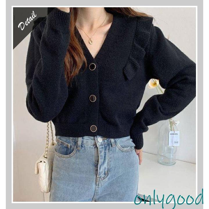 カーディガン レディース 秋冬 フリル ニット ショート丈 トップス