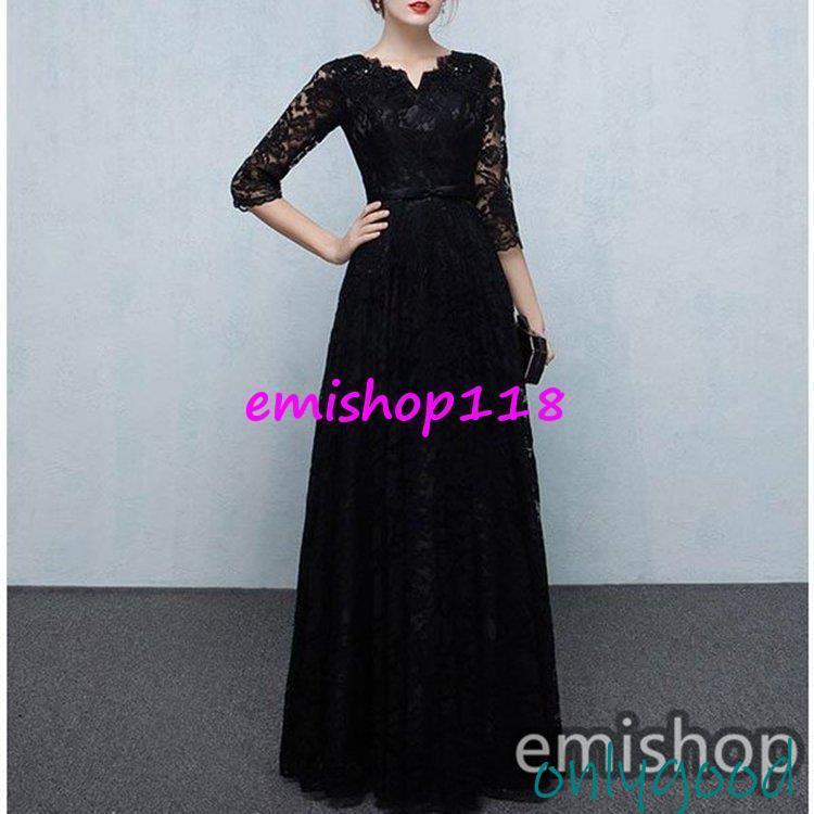 ロング丈レースドレス黒ブラック着痩せ7分袖パーティードレス結婚式二次会ドレスロングドレスワンピースレース | ブランド登録なし | 02