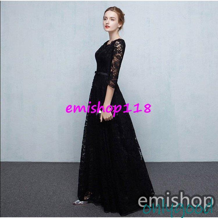 ロング丈レースドレス黒ブラック着痩せ7分袖パーティードレス結婚式二次会ドレスロングドレスワンピースレース | ブランド登録なし | 03