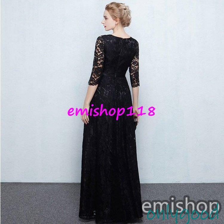 ロング丈レースドレス黒ブラック着痩せ7分袖パーティードレス結婚式二次会ドレスロングドレスワンピースレース | ブランド登録なし | 04