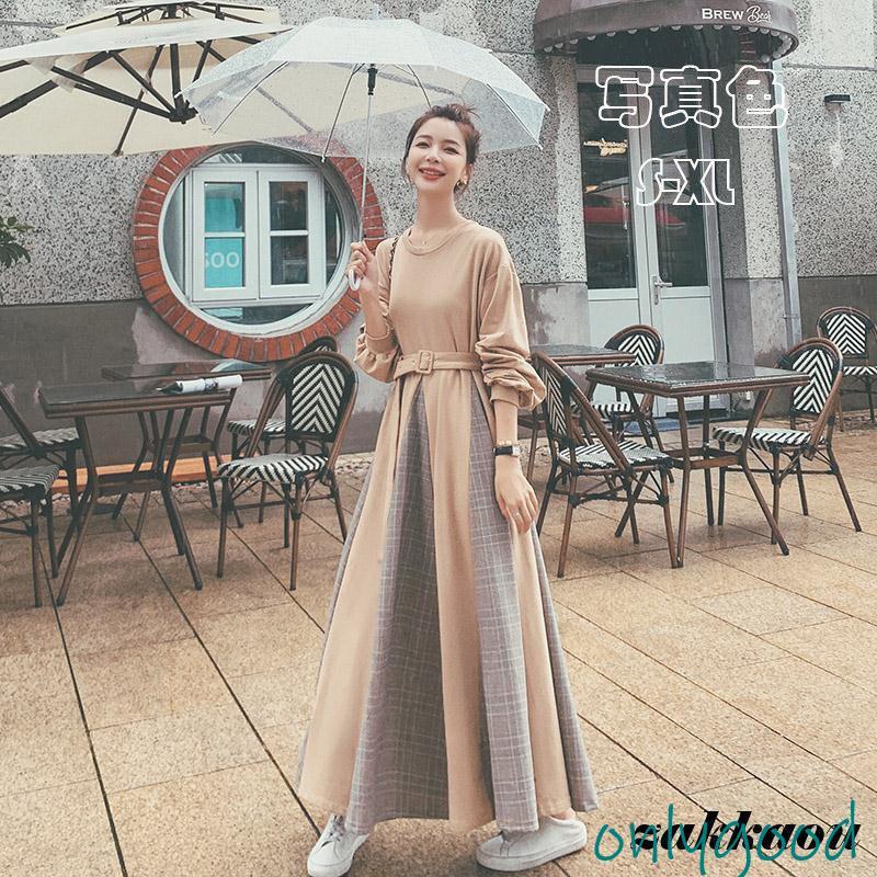 ロングワンピース レディース 切り替え チェック柄 ワンピース 秋 冬 長袖 ロング丈 結婚式 入学式 お呼ばれ フォーマル 通勤 OL 20代 30代 40代 着痩せ ロングワンピース レディース 切り替え チェック柄 ワンピース 秋 冬